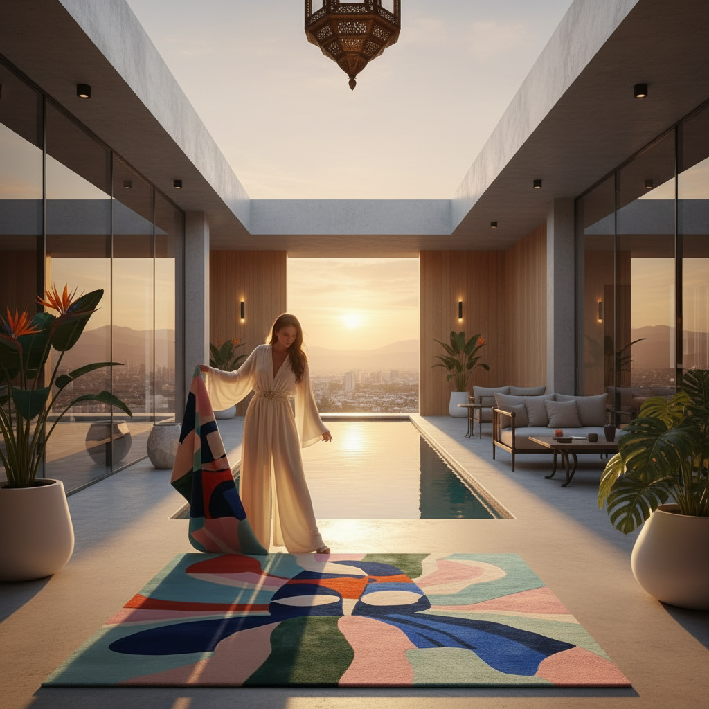Woman in a white dress standing by a pool with a colorful rug on the floor.