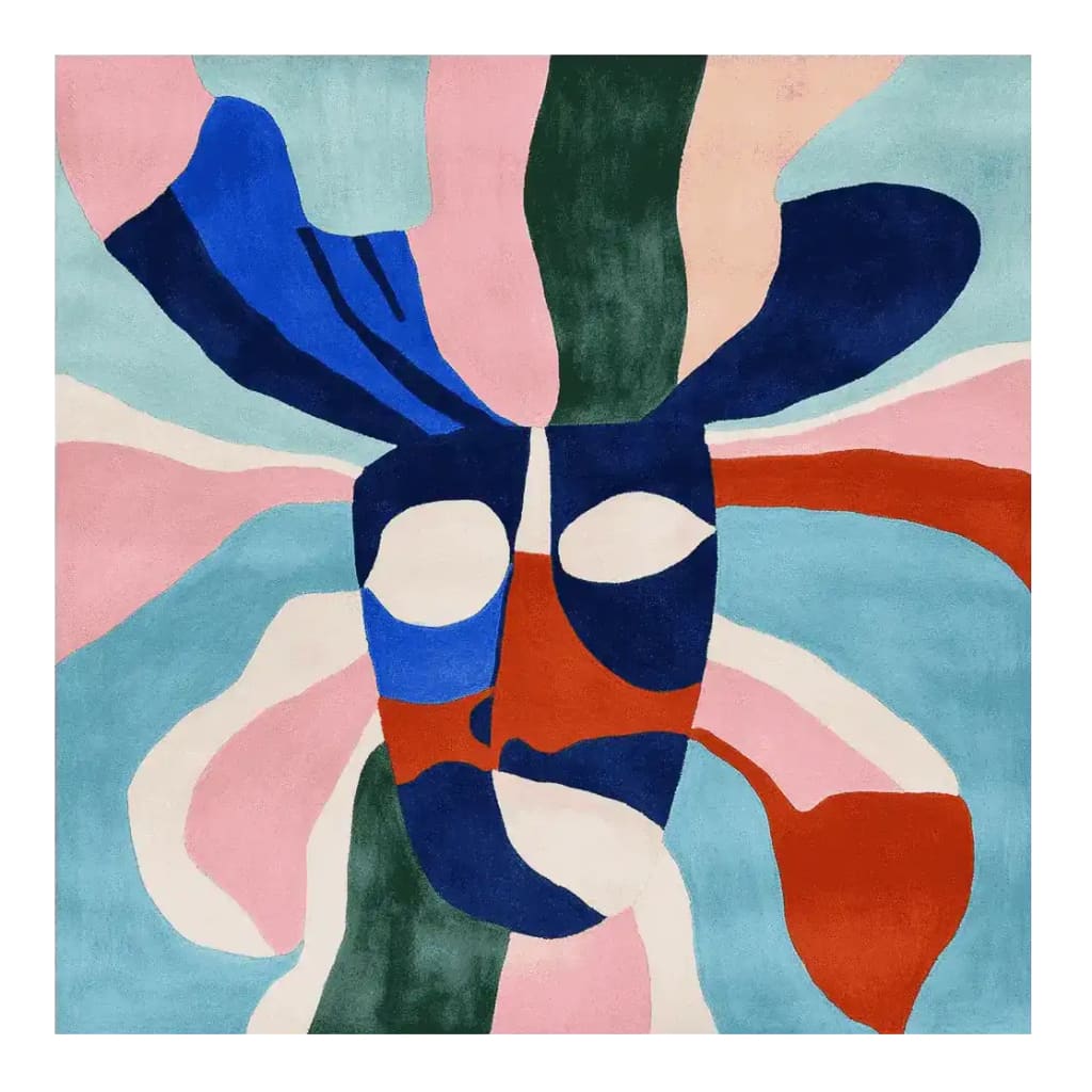 A vibrant and contemporary hand tufted wool area rug featuring an abstract design in bold colors like blue, red, pink, and green. This square rug is perfect for adding a modern touch to living room spaces.