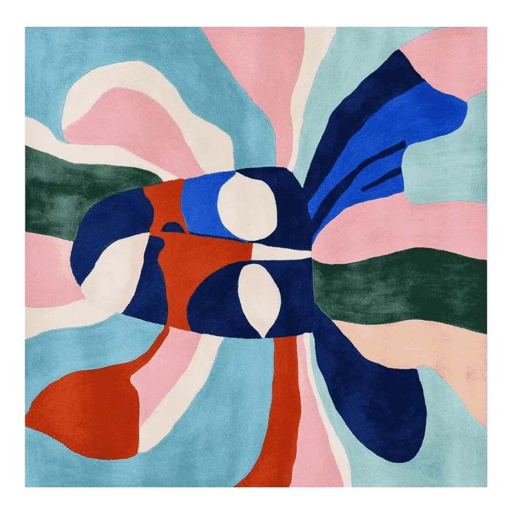 A vibrant square area rug featuring an abstract design with bold colors including blue, pink, green, and red. This hand-tufted wool rug is perfect for adding a contemporary touch to a living room, combining artistic flair with functionality.