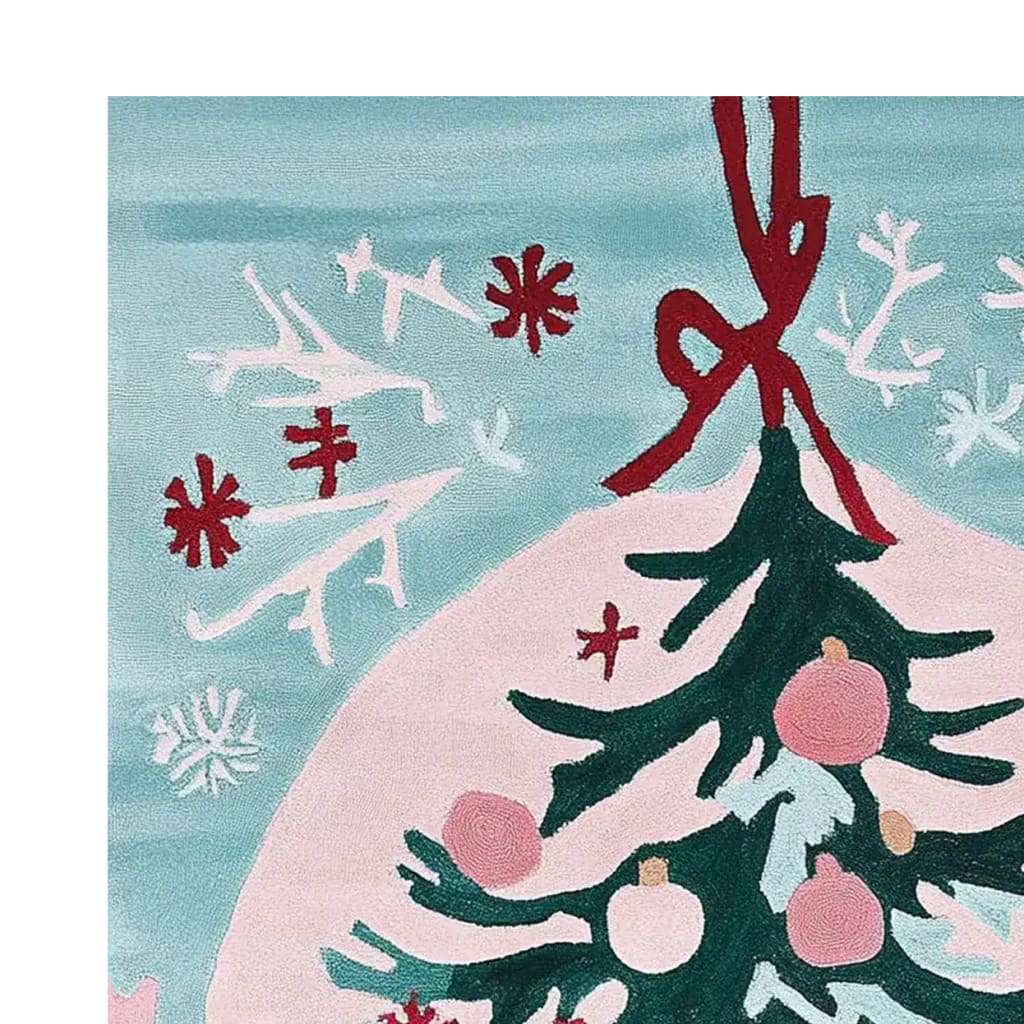Close-up view of the Twinkle Tree Glow Hand Tufted Area Rug, showcasing its vibrant colors and abstract festive design. Perfect for adding a touch of charm to living room area rugs, this wool rug features a playful pattern with trees and ornaments.