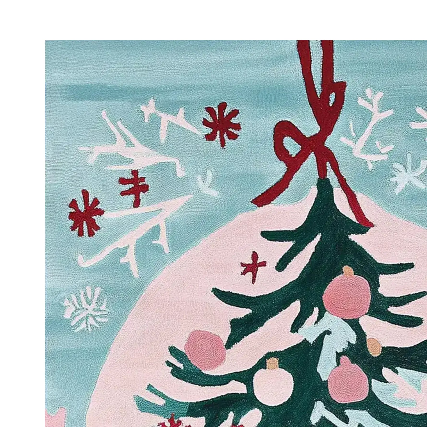 Close-up view of the Twinkle Tree Glow Hand Tufted Area Rug, showcasing its vibrant colors and abstract festive design. Perfect for adding a touch of charm to living room area rugs, this wool rug features a playful pattern with trees and ornaments.