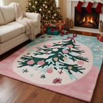 Decorative Christmas tree rug in a living room with a couch, Christmas tree, and fireplace.