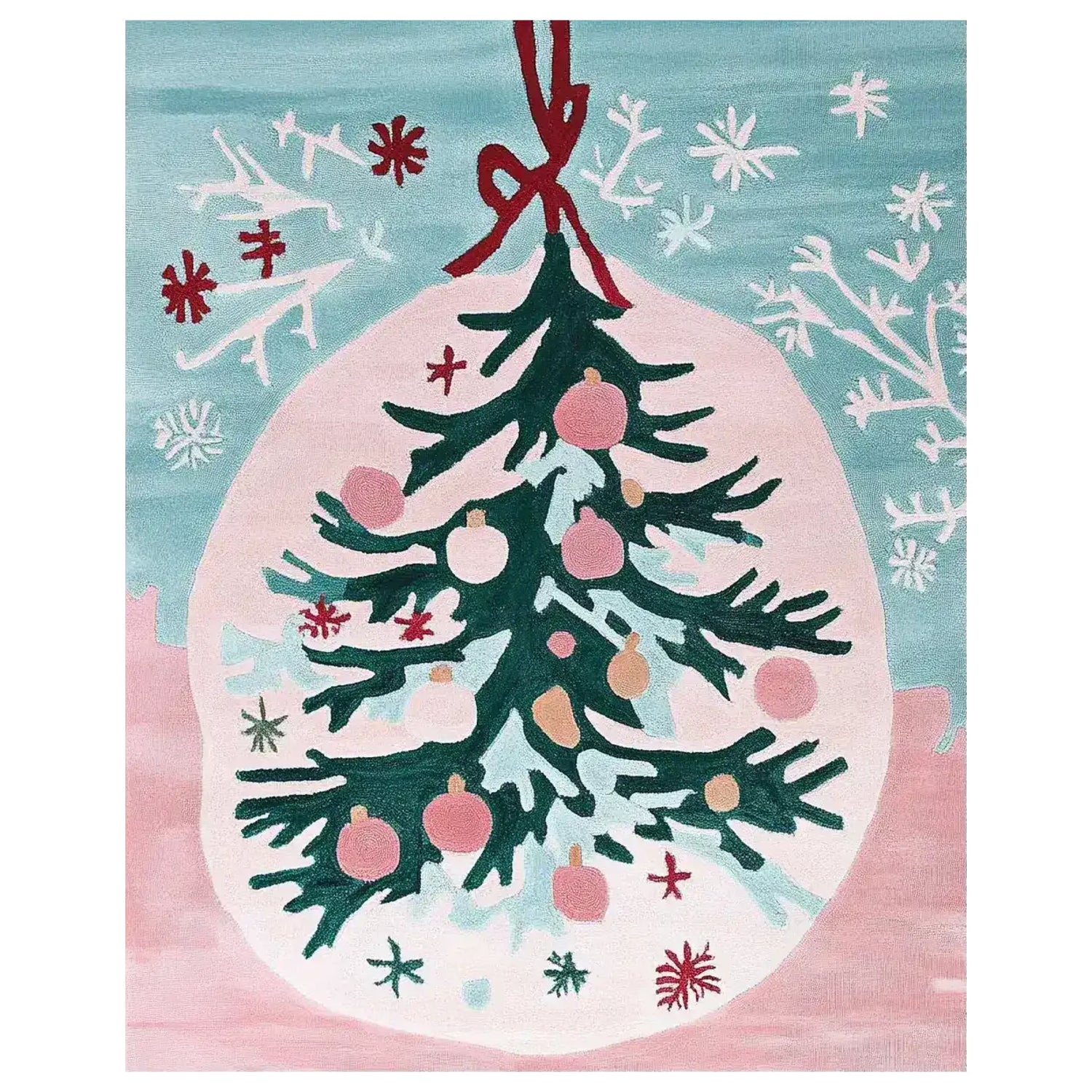 Decorative Christmas tree rug in a living room with a couch, Christmas tree, and fireplace.