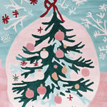 Close-up view of the Twinkle Tree Glow Hand Tufted Area Rug, featuring a festive design with a stylized Christmas tree adorned with ornaments on a pastel background. Perfect for adding a cozy touch to living room area rugs. Made from high-quality wool, this rug combines elegance and durability.