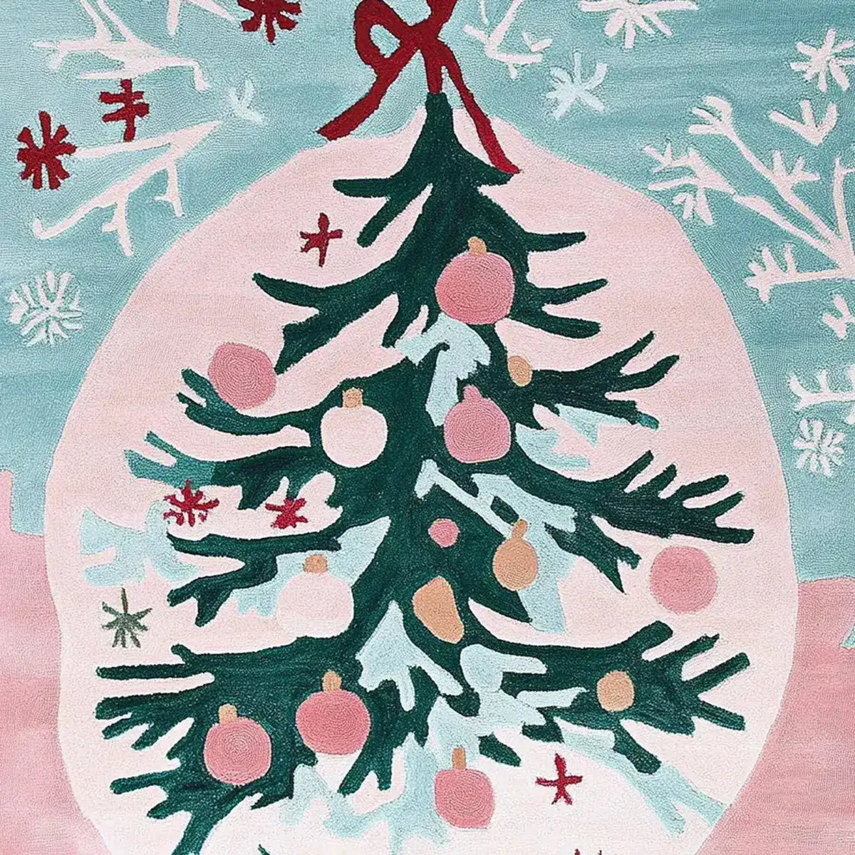 Close-up view of the Twinkle Tree Glow Hand Tufted Area Rug, featuring a festive design with a stylized Christmas tree adorned with ornaments on a pastel background. Perfect for adding a cozy touch to living room area rugs. Made from high-quality wool, this rug combines elegance and durability.