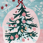 Close-up view of the Twinkle Tree Glow Hand Tufted Area Rug, featuring a festive design with a stylized Christmas tree adorned with ornaments on a pastel background. Perfect for adding a cozy touch to living room area rugs. Made from high-quality wool, this rug combines elegance and durability.