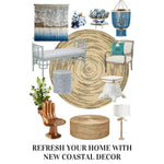 Stylish living room setup featuring a Twirly Black and Natural Round Jute Rug as the centerpiece. This area rug complements coastal decor elements such as a woven wall hanging, blue and white accents, and elegant furniture pieces. Perfect for adding a natural touch to your living room.