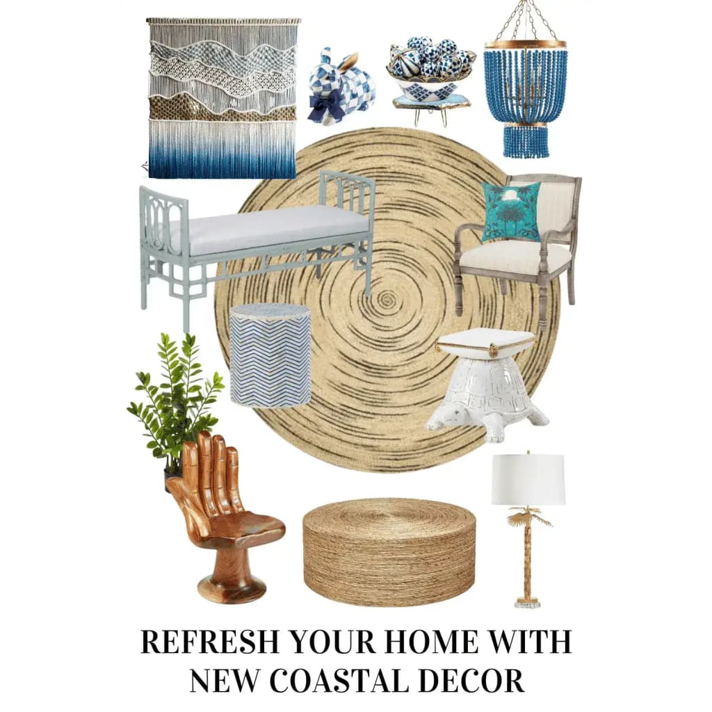 Stylish living room setup featuring a Twirly Black and Natural Round Jute Rug as the centerpiece. This area rug complements coastal decor elements such as a woven wall hanging, blue and white accents, and elegant furniture pieces. Perfect for adding a natural touch to your living room.