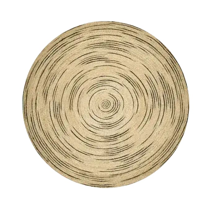 Top view of a Twirly Black and Natural Round Jute Rug, showcasing its intricate spiral pattern, perfect for adding a stylish touch to any living room. This area rug combines natural jute fibers with black accents, ideal for those looking for unique round rugs or area rugs for living room spaces.