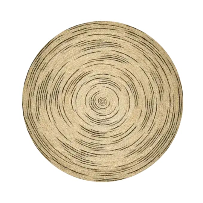 A stylish Twirly Black and Natural Round Jute Rug featuring a modern spiral design. This area rug is perfect for adding a natural touch to your living room decor.