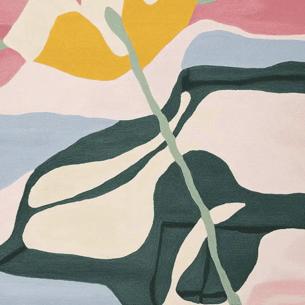 A vibrant hand-tufted area rug featuring abstract floral patterns in pink, yellow, green, and blue. Perfect for adding a contemporary touch to large living rooms, this 8x10 wool rug combines artistry with comfort.