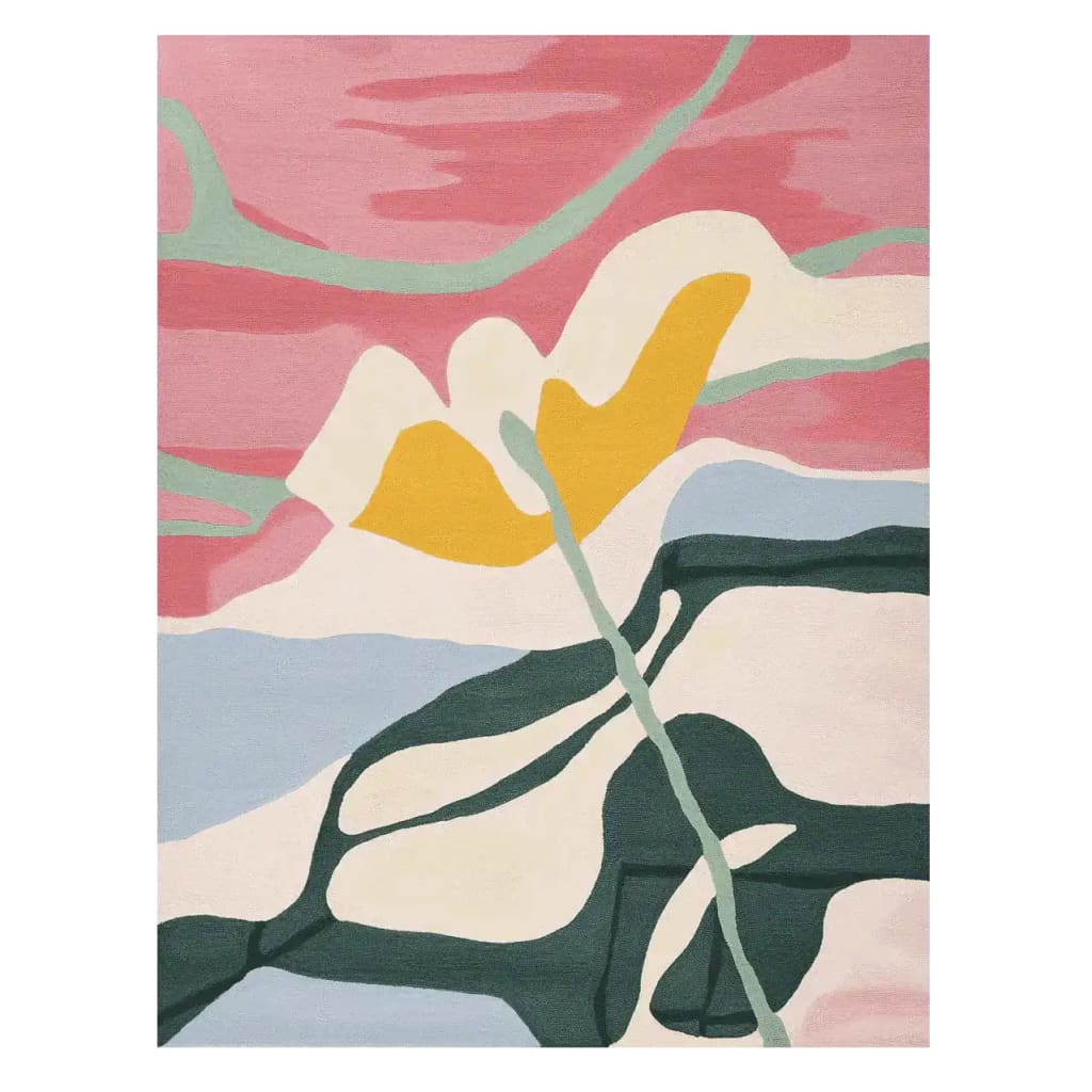 A vibrant Twist Pop Bloom Hand Tufted Rug, showcasing an abstract floral design with bold colors like pink, yellow, and green. Perfect for adding a contemporary touch to large living rooms, this area rug is available in an 8x10 size and crafted from quality wool.