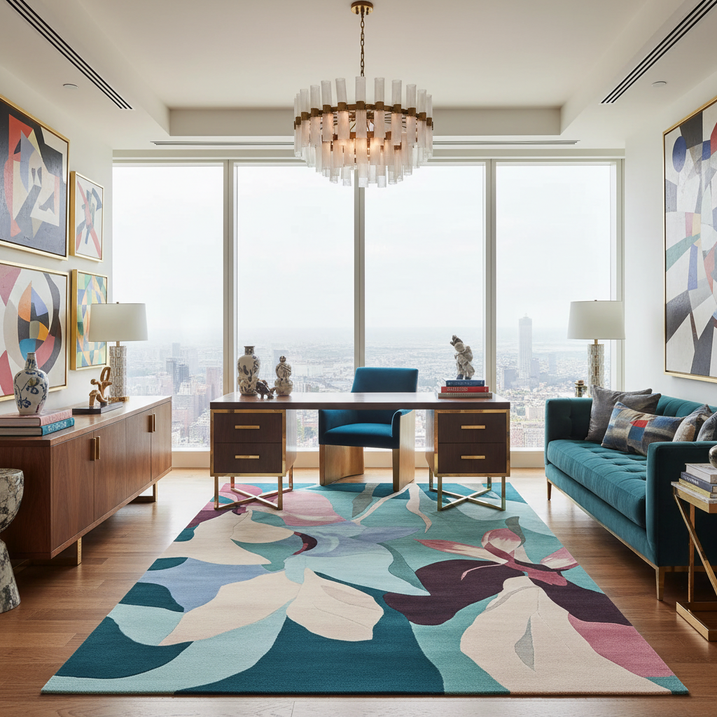 Modern office with a large desk, colorful rug, and cityscape view.
