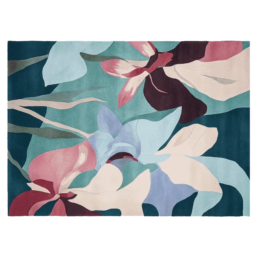 Vibrant and contemporary area rug featuring a hand-tufted floral design, perfect for large living rooms. This wool rug showcases an array of colorful blossoms in bold hues, ideal for adding a stylish touch to any living space.