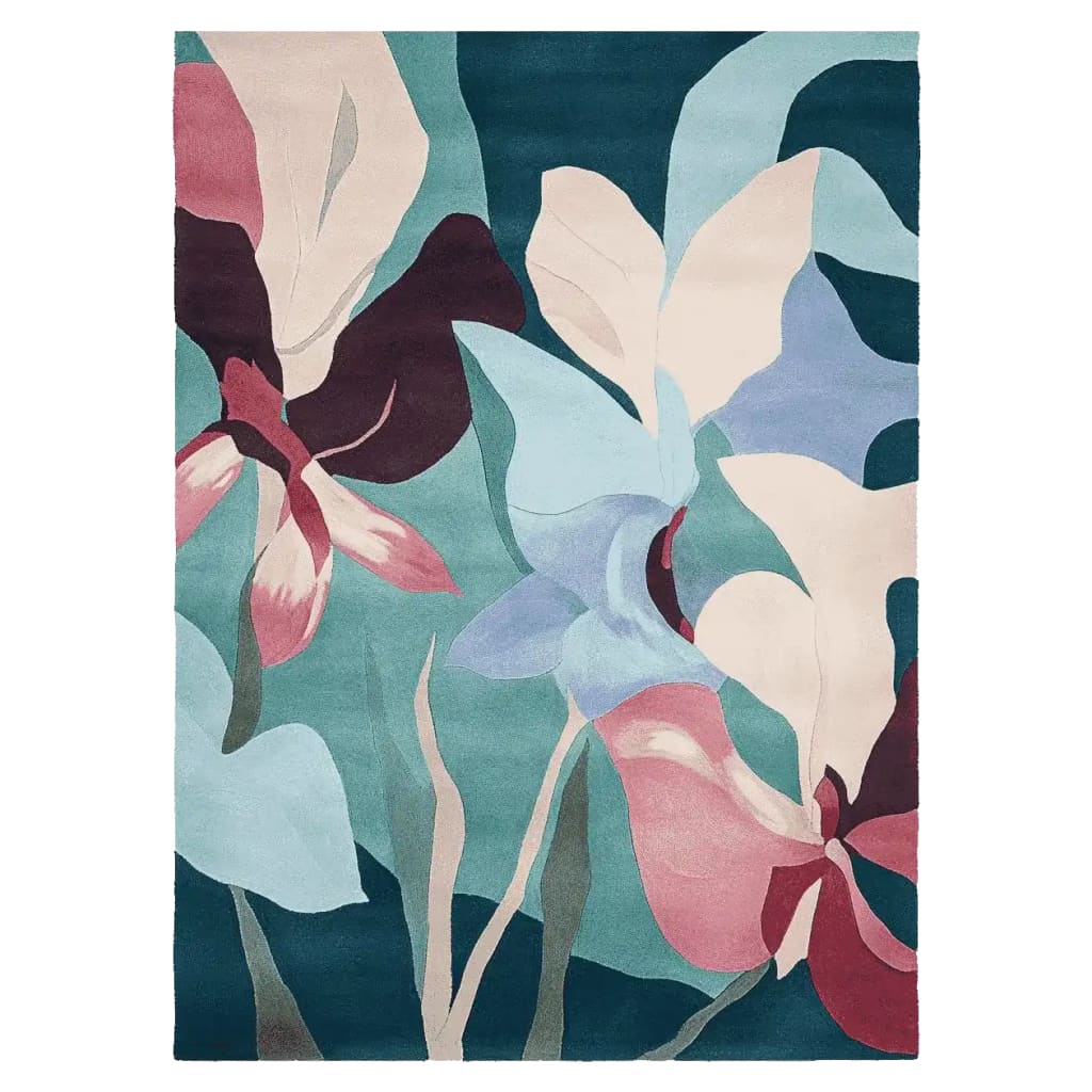 Vibrant Twisted Blossom Field Hand Tufted Area Rug featuring a contemporary floral design with bold colors, perfect for large living room spaces. This wool rug showcases an artistic blend of blues, pinks, and greens, making it an ideal choice for those seeking a stylish and modern area rug for their living room.