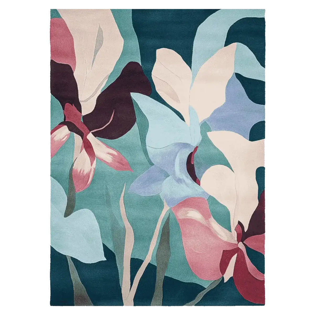 Vibrant Twisted Blossom Field Hand Tufted Area Rug featuring a contemporary floral design with bold colors, perfect for large living room spaces. This wool rug showcases an artistic blend of blues, pinks, and greens, making it an ideal choice for those seeking a stylish and modern area rug for their living room.