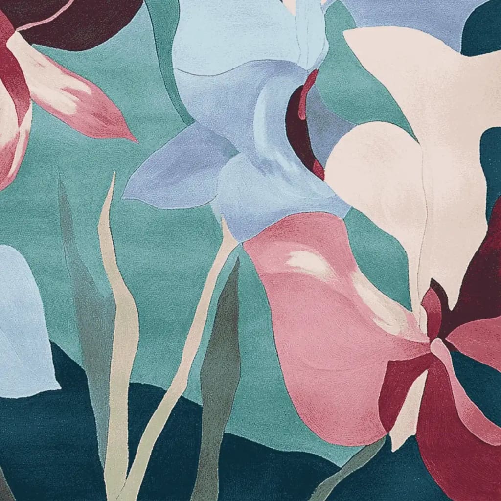 Close-up of the Twisted Blossom Field Hand Tufted Area Rug featuring a vibrant floral design in shades of blue, pink, and green. This contemporary rug adds a pop of color, perfect for large living room spaces, offering a stylish wool rug option for those seeking area rugs for living room decor.