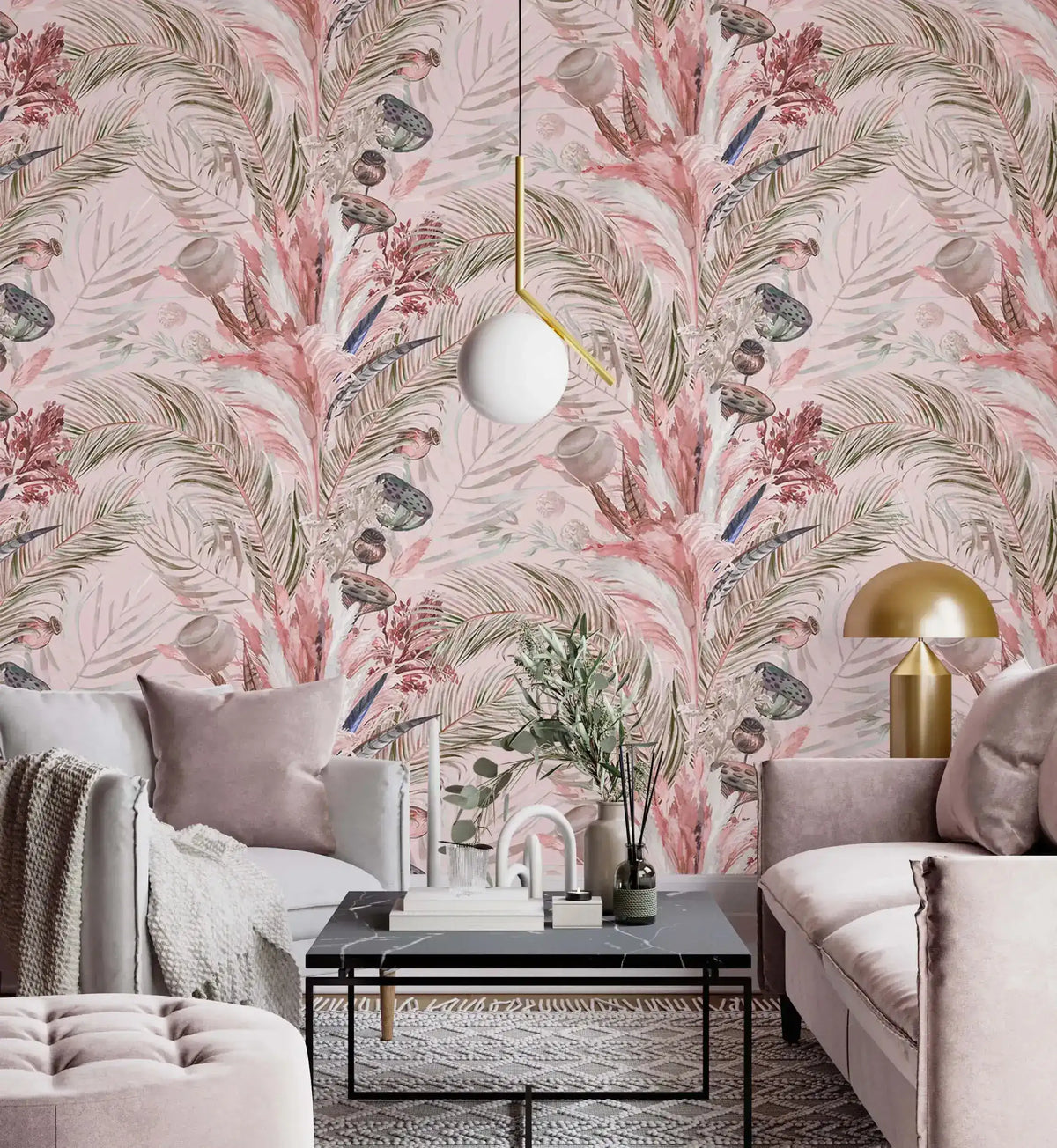 Two grey sofas with gold lighting against pink tropic breeze wallpaper of pink palm fronds