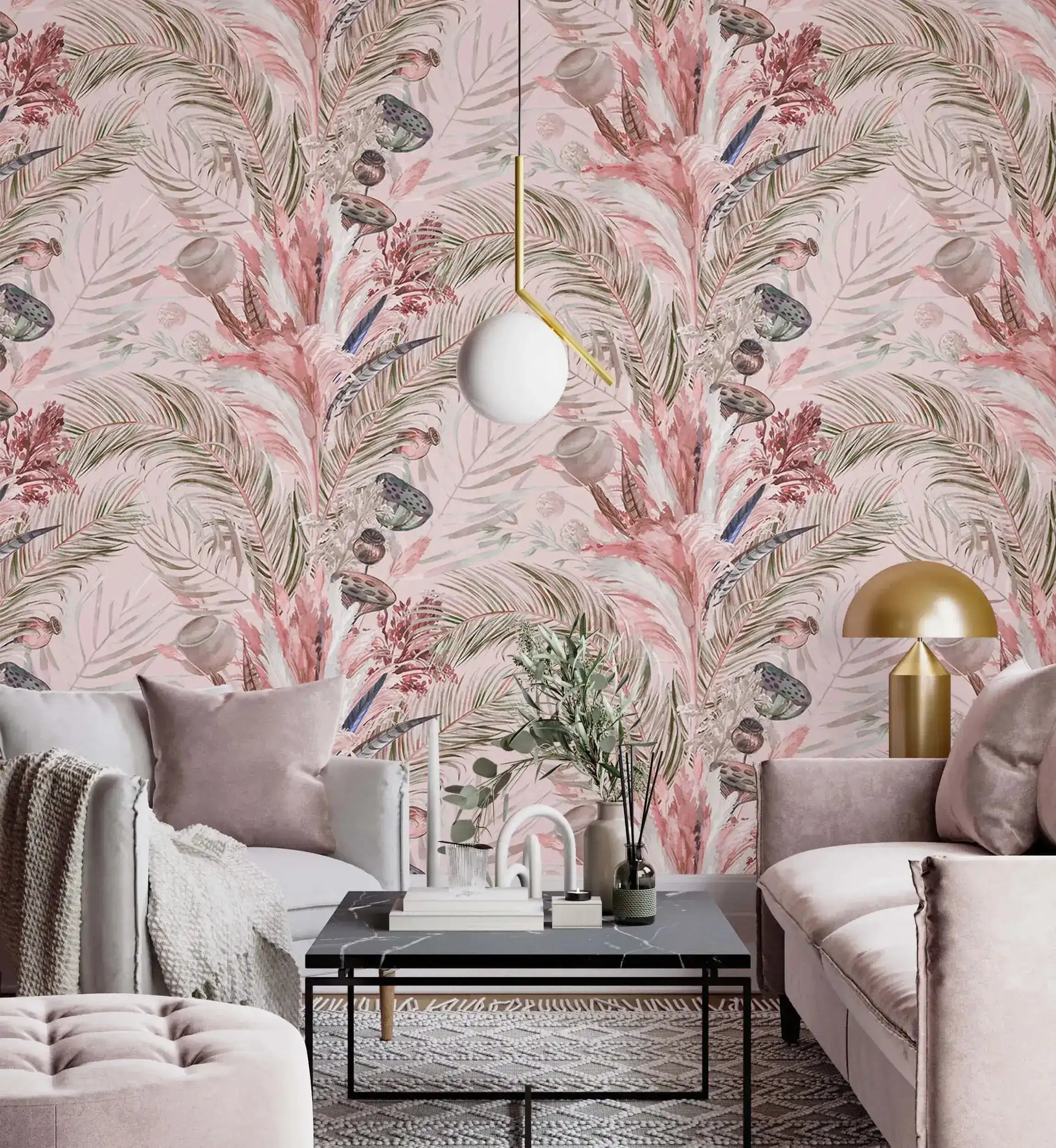 Two grey sofas with gold lighting against pink tropic breeze wallpaper of pink palm fronds