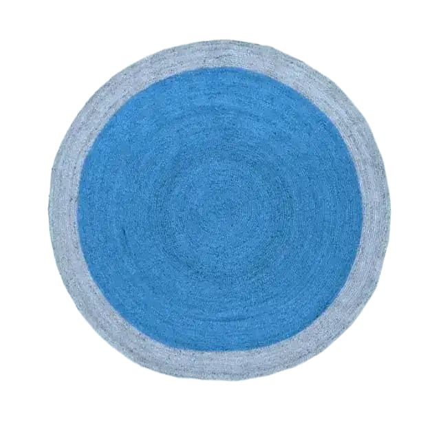 Top view of a Two Toned Blue Round Jute Rug, perfect for adding a stylish touch to a large living room. This area rug features a central dark blue circle surrounded by a lighter blue outer ring, showcasing the natural texture of jute in a round design.