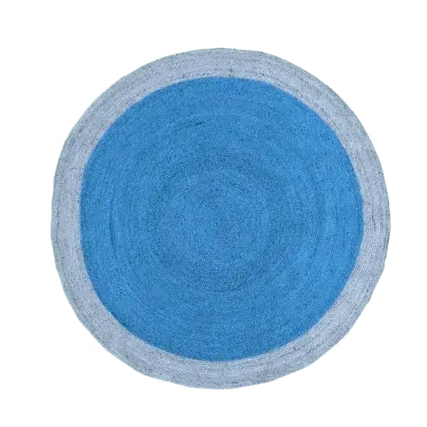 A two-toned blue round jute rug, ideal for a large living room. This area rug features a vibrant blue center with a lighter blue border, perfect for adding a touch of elegance to any living space.