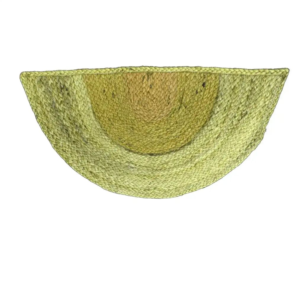 This is a top view of the Two-Toned Half Moon Accent Jute Rug in green, perfect for adding a boho touch to your dining room or office. The round rug features a woven pattern that's ideal for dining room area rugs or as dining room carpets.