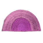 This vibrant Two-Toned Half Moon Accent Jute Rug in purple adds a boho flair to any space. Perfect as an area rug for your dining room, bedroom, or even as a formal dining room rug. The unique round design of this jute rug enhances the cozy feel of bedroom area rugs.