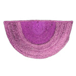 A vibrant two-toned half moon jute area rug in shades of purple. Perfect for adding a boho touch to your dining room or bedroom. This unique round rug design is ideal for formal dining room settings or as a stylish bedroom area rug.
