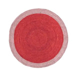 A vibrant two-toned red round jute rug, perfect for adding a pop of color to your living room or dining room. This large area rug features a striking red center with a lighter red border, making it an ideal choice for dining room carpets and stylish round rugs.