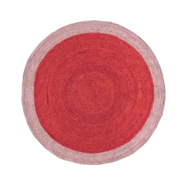 A vibrant two-toned red round jute rug, perfect for adding a pop of color to your living room or dining room. This large area rug features a striking red center with a lighter red border, making it an ideal choice for dining room carpets and stylish round rugs.