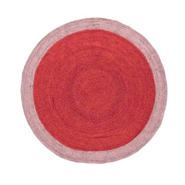 The Two Toned Red Round Jute Rug is an ideal area rug for the living room and dining room, featuring a vibrant red center with a contrasting lighter border. This eye-catching round rug adds a touch of elegance to dining room carpets and large area rugs collections.