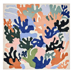 Top view of the Underwater Eden Hand Tufted Rug, a colorful square area rug perfect for a contemporary living room. This vibrant wool rug features an abstract coral reef design in shades of blue, orange, green, and black, offering a modern touch to any space.