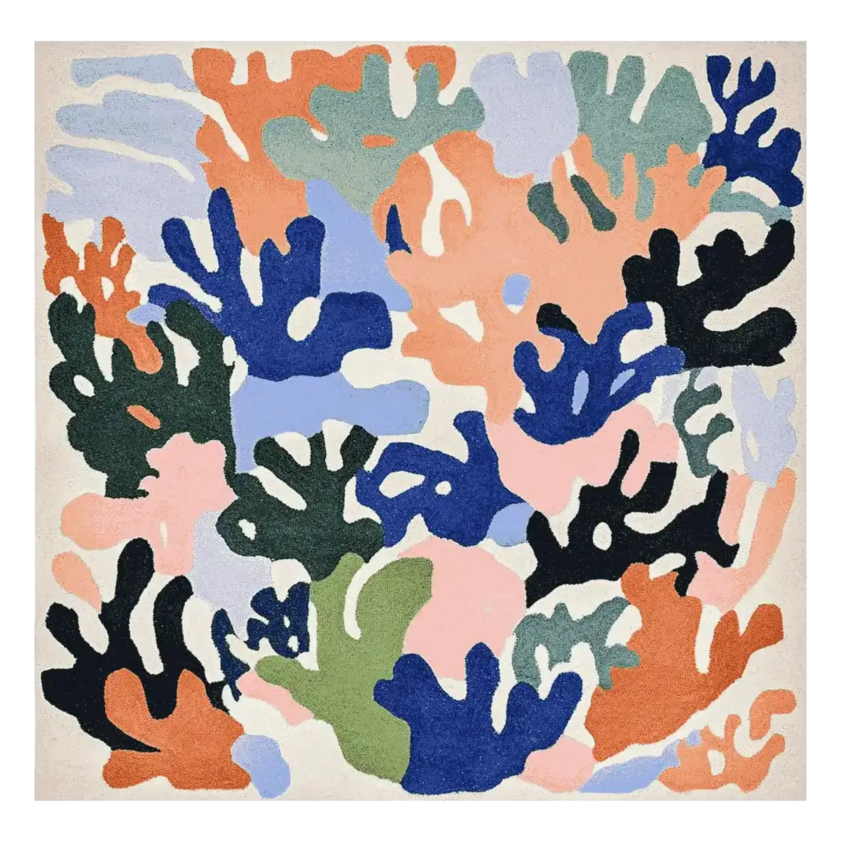 Top view of the Underwater Eden Hand Tufted Rug, a colorful square area rug perfect for a contemporary living room. This vibrant wool rug features an abstract coral reef design in shades of blue, orange, green, and black, offering a modern touch to any space.