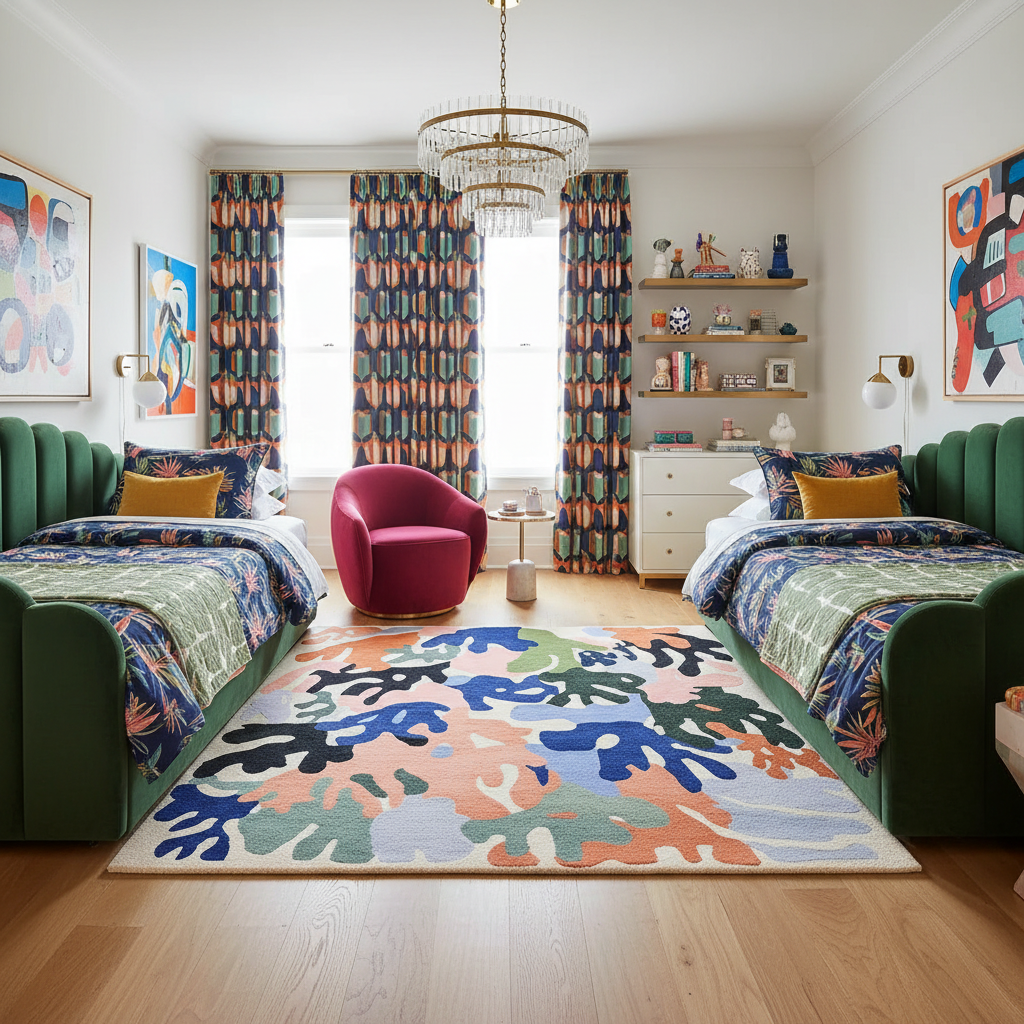 Colorful bedroom with two beds, a rug, and decorative elements.