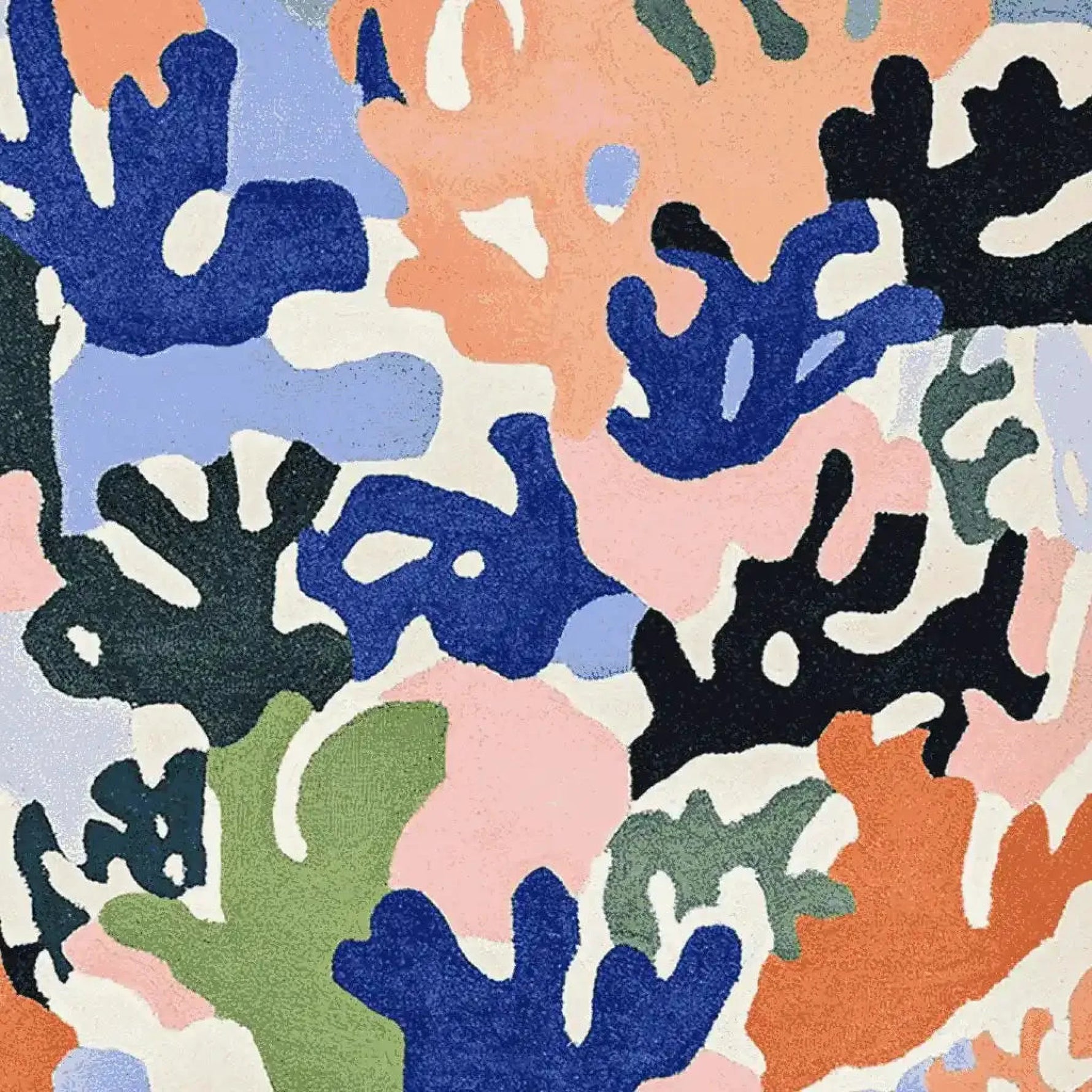 Vibrant, abstract design of the Underwater Eden Hand Tufted Area Rug, featuring a mix of blue, pink, orange, green, and black organic shapes. This contemporary wool rug is perfect for adding a splash of color to living rooms. Its square shape makes it an ideal choice for those looking for a modern square area rug.