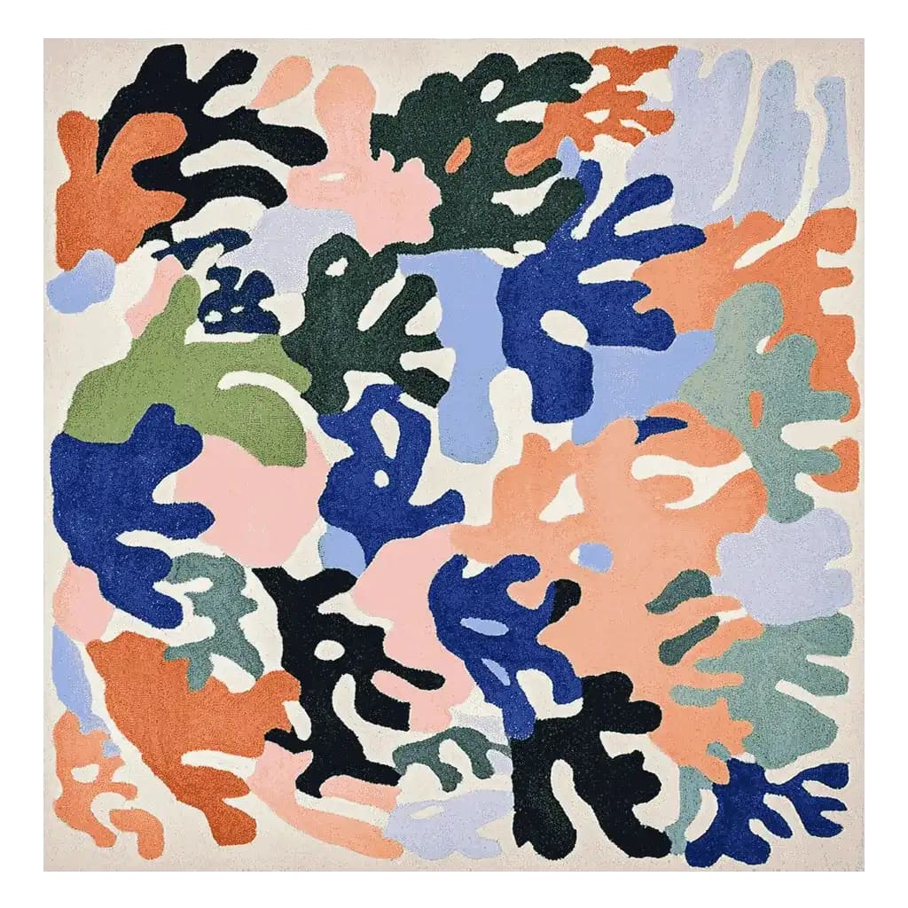 Vibrantly colored abstract pattern on a square area rug made from wool. Ideal for contemporary living room spaces, this hand-tufted rug combines bold hues of orange, blue, green, and black, creating a modern artistic flair.