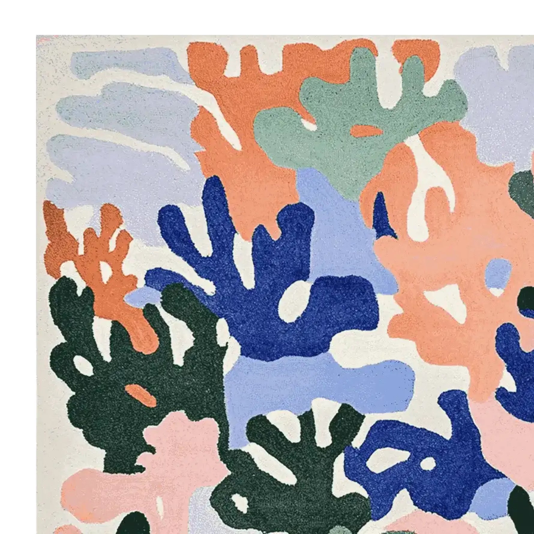 Top view of the Underwater Eden Hand Tufted Rug showcasing an abstract design with vibrant coral patterns in shades of blue, green, and orange. This wool square area rug is perfect for adding a contemporary touch to living room spaces.