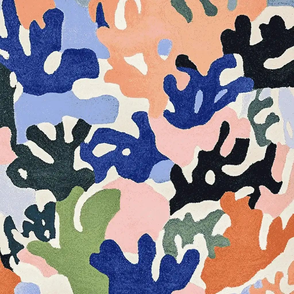 Vibrant, abstract design of the Underwater Eden Hand Tufted Area Rug, featuring a mix of blue, pink, orange, green, and black organic shapes. This contemporary wool rug is perfect for adding a splash of color to living rooms. Its square shape makes it an ideal choice for those looking for a modern square area rug.