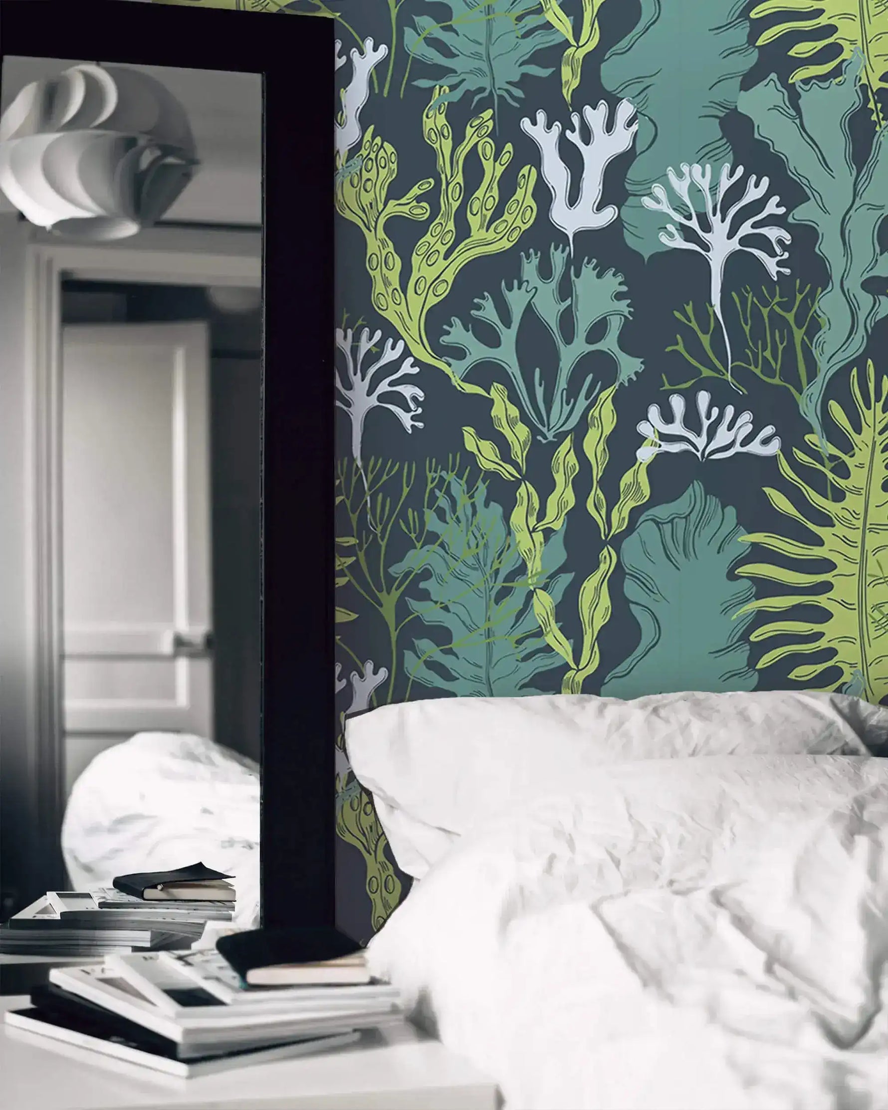 Underwater Flora Wallpaper of green and white sea plants beside a bed and black mirror