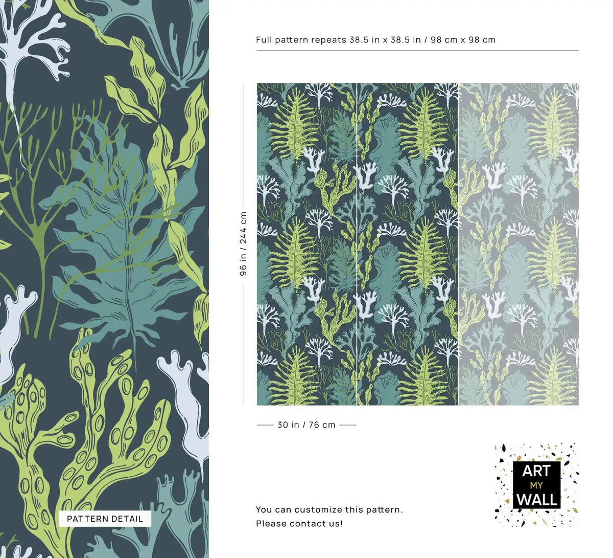 Underwater Flora Wallpaper spec sheet showing seaweed pattern detail and repeat sizing