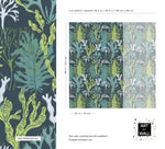 Underwater Flora Wallpaper spec sheet showing seaweed pattern detail and repeat sizing