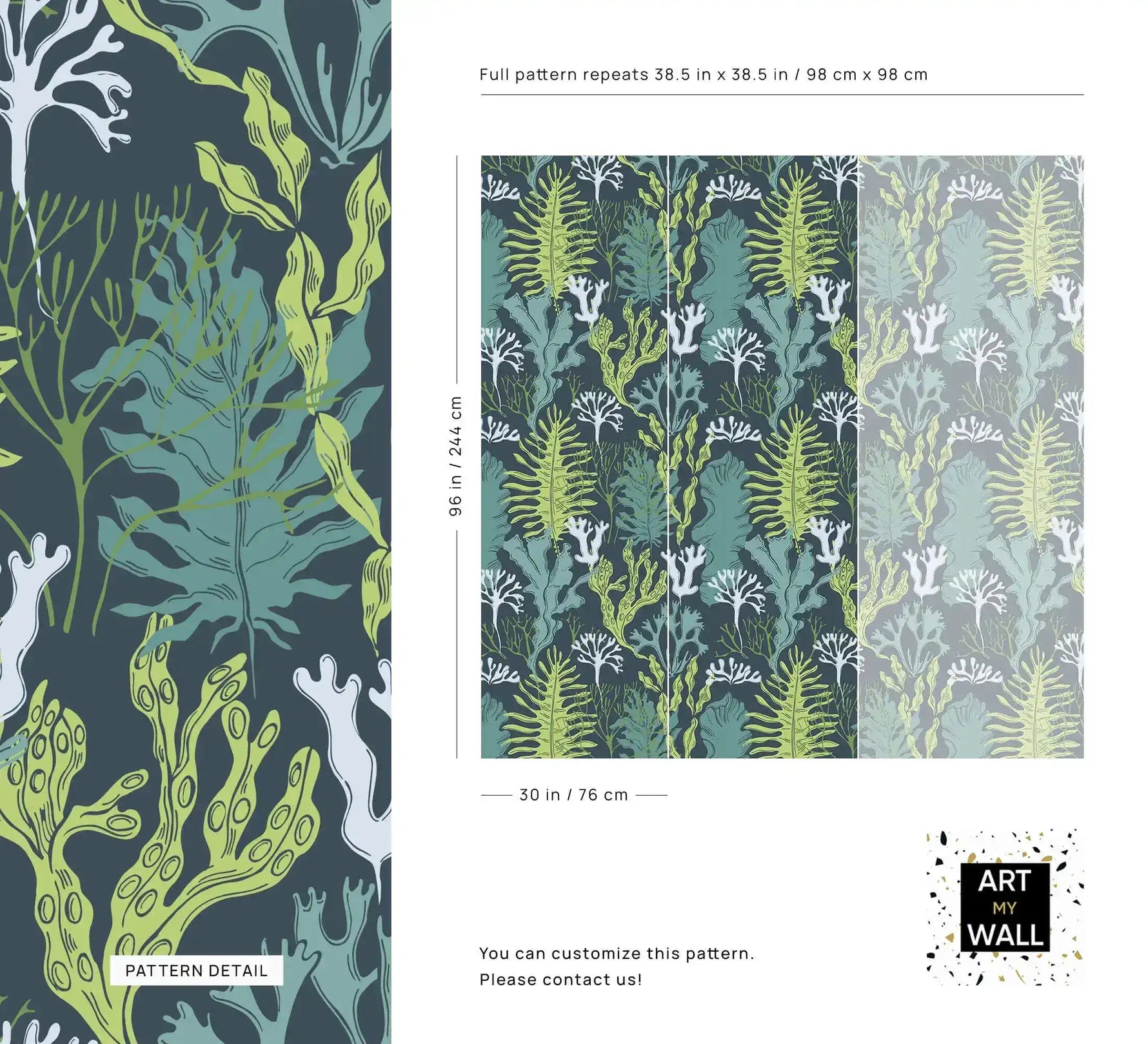 Underwater Flora Wallpaper spec sheet showing seaweed pattern detail and repeat sizing