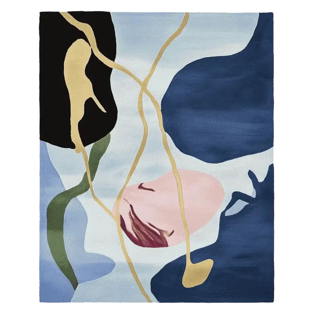 This beautifully designed area rug, titled 'Underwater Mood Song Hand Tufted Rug', features an abstract pattern with flowing shapes and rich colors like deep blue, pink, and earthy tones. Perfect for enhancing any living room, this contemporary wool rug offers both visual interest and comfort, making it an ideal choice for large living room rugs.