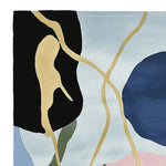 Close-up view of an abstract design on the 'Underwater Mood Song' hand tufted area rug, showcasing a blend of black, light blue, and gold hues. Perfect for those seeking large living room rugs that add a contemporary touch. Crafted from wool, this rug is a stylish addition to any living room area.