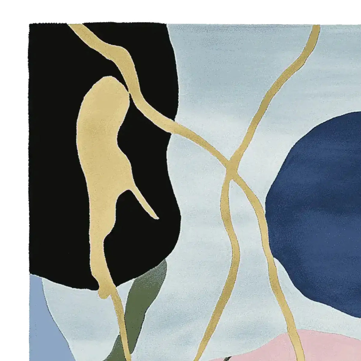 Close-up view of an abstract design on the 'Underwater Mood Song' hand tufted area rug, showcasing a blend of black, light blue, and gold hues. Perfect for those seeking large living room rugs that add a contemporary touch. Crafted from wool, this rug is a stylish addition to any living room area.