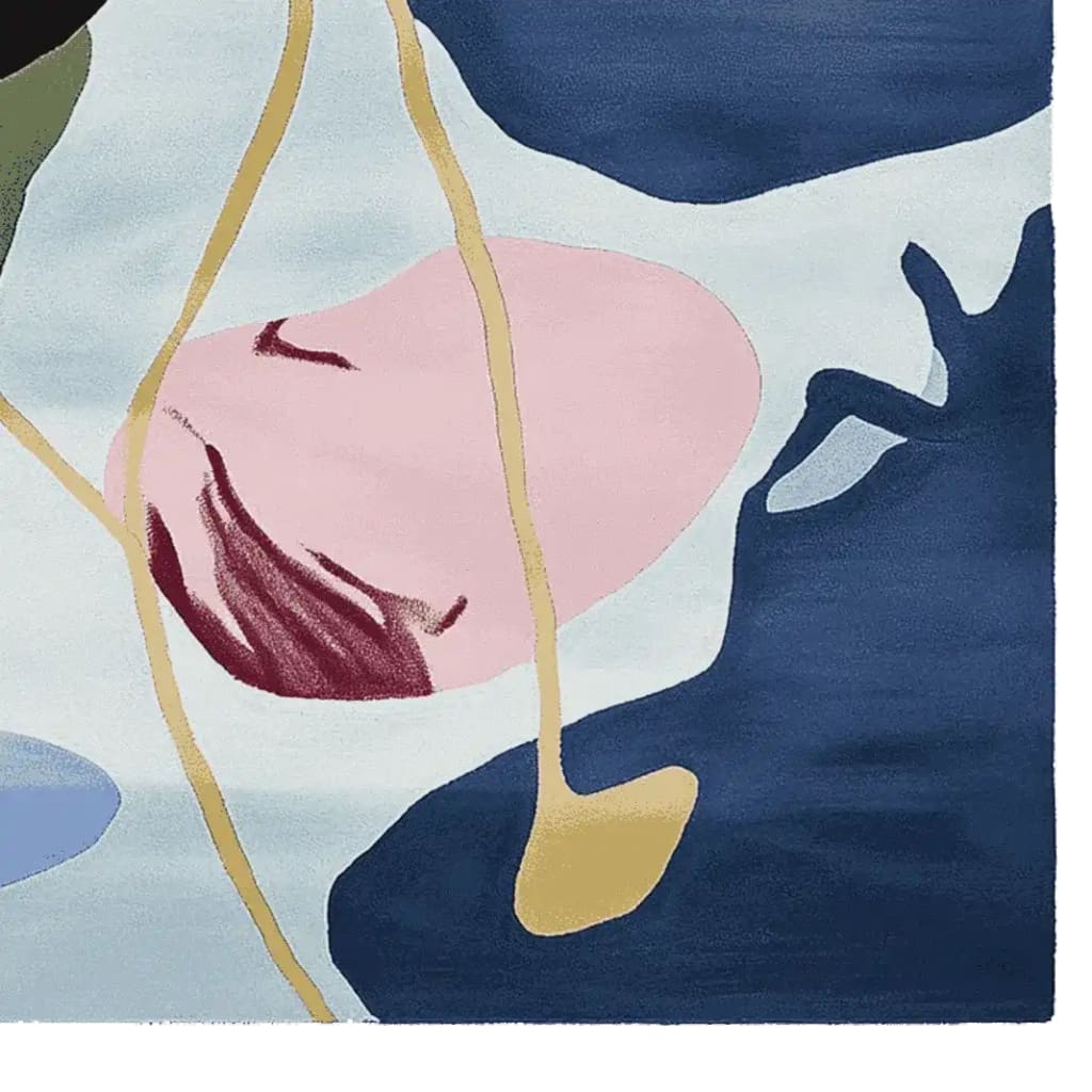 Vibrant abstract design on an area rug, featuring bold strokes of blue, pink, and gold, perfect for adding a contemporary touch to any living room. This large living room rug is crafted from soft wool, making it a plush and stylish addition to your home decor.