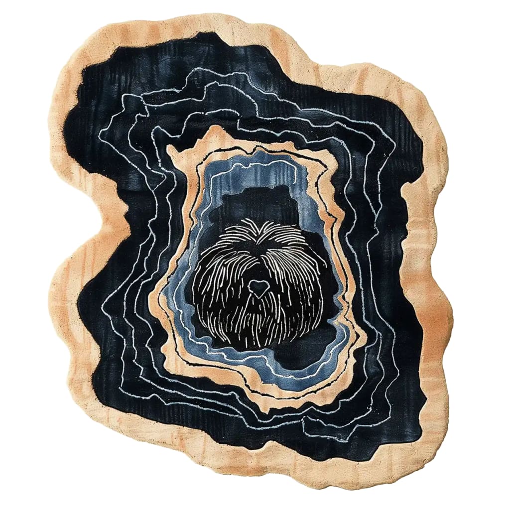 The Unexpected Pup Hand Tufted Wool Rug features an artistic and contemporary design, perfect for adding a playful touch to any living space. This area rug displays an abstract pattern with shades of black, blue, and tan, resembling a stylized dog's face. Ideal for living room rugs 8x10, this wool rug brings a unique and modern flair to your home decor.