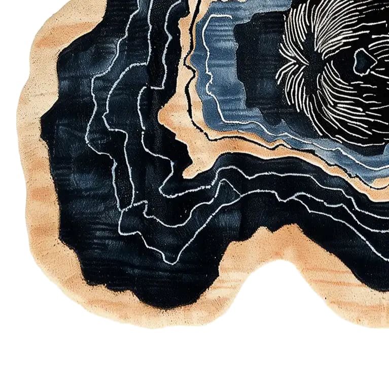 Top view of the Unexpected Pup Hand Tufted Wool Rug, showcasing its abstract design with swirling patterns in shades of black, beige, and blue. This contemporary area rug is ideal for adding a modern touch to living room spaces. Perfect as a living room rug 8x10, this wool rug combines style and comfort.