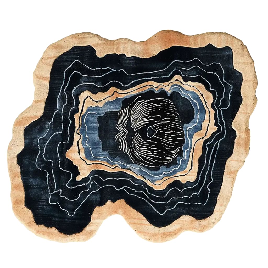 A uniquely shaped, hand-tufted wool area rug with an abstract concentric pattern, perfect for adding a contemporary touch to your living room. The design features layers of black, beige, and blue, creating a stunning focal point suitable for an 8x10 living space.