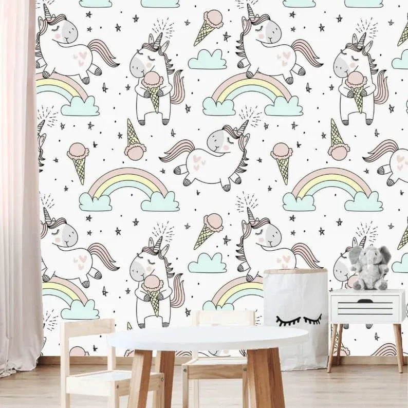 Unicorn Rainbow and Ice Cream Nursery Wallpaper